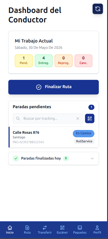 Vista web del dashboard del conductor en Rutiservice